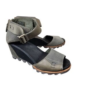 Sorel Women's Olive Green Leather Wedge Sandals Size 8 Ankle Strap Torpeda Carly